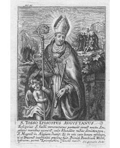 Porträt. Fast ganzfigürliche Darstellung mit Bischofsstab und brennender Kerze in der Hand. Kupferstich von J. C. Gutwein, 13, 5 x 9 cm.