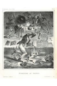 Étrennes au peuple. Ein Mann flieht vor einem Hagelsturm verschiedenster Gegenstände, die auf ihn herniederstürzen.