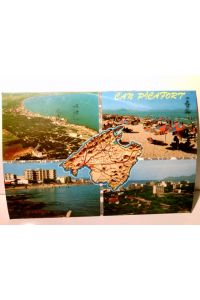 Mallorca. C´an Picafort. Balearen. Alte Ansichtskarte / Postkarte farbig, gel. ca 60 /70ger Jahre. 5 Ansichten rund ums schöne Can Picafort u. Inselplan.