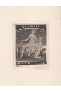 Exlibris Heinz Kleeblatt. Sitzender weiblicher Akt, einem knienden Männerakt eine Trinkschale reichend.