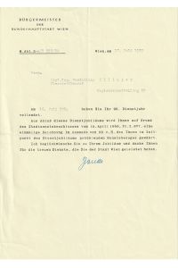 2 Ms. Amtsbriefe mit eigenhänd. Unterschrift und Wappenstempel der Stadt Wien.