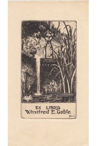 Ex Libris Winifred E. Goble. Wasserspeier und Brunnenschale.