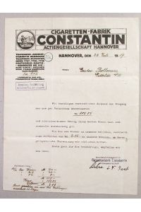 Constantin.   - Cigaretten-Fabrik AG Hannover. Quittungsschreiben vom 26.7.1917. Falzspuren.