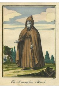 Ein Armenischer Mönch. Ganzfigur nach viertellinks, stehend in brauner Kutte und ebensolchem Kapuzenmantel, mit Rosenkranz.