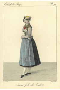 Jeune fille du Valais. Junge Frau in Tracht mit Hut und Schultertuch.