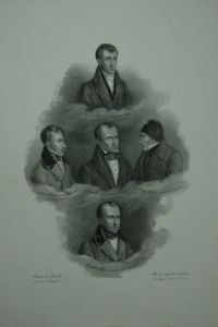 Portrait. Ritratti di Fieschi e dei suoi Comlici - Per la congiura del giorno 28 Luglio 1835 in Parigi. Fahnungsplakat mit 5 Brustportraits von Fieschi (mittig) und 4 Komplizen.