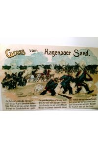 Gruss vom Hagenauer Sand. Alte Spruch AK farbig, gel. als Feldpost 1917. Humor, Soldaten im Sand steckend, Kanonenwagen, Künstlerkarte