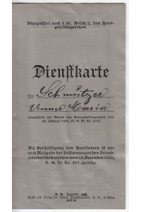 DIENSTKARTE für Anna Maria Schmutzer ausgestellt (auf Grund des Hausgehilfengesetzes v. 26. Februar 1920) in Piesting am 22. VIII. 1929.