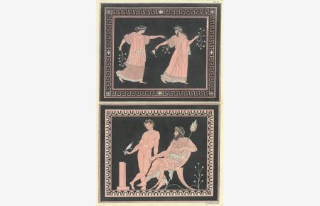 Die Abstammung des Dionysos auf zwei Darstellungen übereinander. Oben Zeus und Demeter, darunter Dionysos als nackter Knabe neben dem sitzenden Zeus stehend, auf das Bein seines Vaters gestützt, aus dem er geboren wurde. Mit Reliefumrahmung.