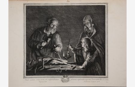Puer autem crescebat, et confortabatur. Holzschnitzer mit Familie beim Kerzenschein. Kupferstich von Jacques Coelemans nach dem Gemälde von Bigot,