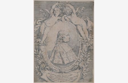 Portrait. Brustfigur im Profil nach rechts im Oval umgeben von 2 geflügelten Putti und ornamentalem Zierwerk unten mit Inschrift. Radierung von Donato Creti (1671-1749).   - Giovanni Girolamo Sbaraglia (1641–1710)