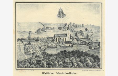 Wallfahrt Mariathalheim. Wallfahrtskirche und Ort, im Himmel schwebend das Gnadenbild.