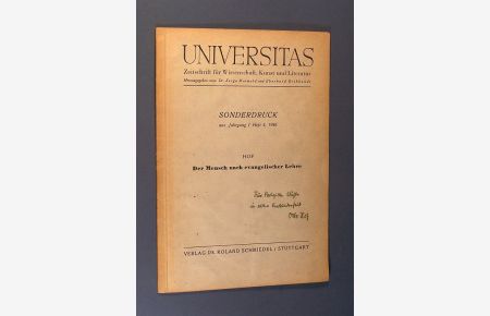Universitas. Zeitschrift für Wissenschaft, Kunst und Literatur. - Sonderdruck aus Jahrgang 1 Heft 4, 1946: Der Mensch nach der evangelischen Lehre. Von Otto Hof, Studentenpfarrer.
