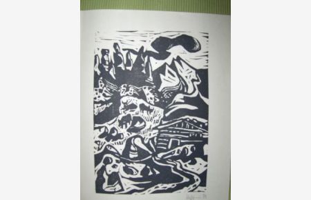 ORIGINAL-Kl. GRAPHIK aus der ILLUSTRATION 63 : Original-Linolschnitt von Flora Hoffmann zu C. E. Ramuz Das große Grauen in den Bergen. Mit Bleistift unten rechts handsigniert u. datiert.