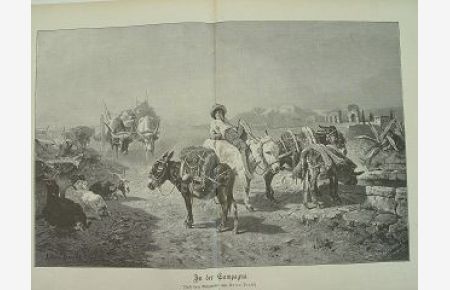 Campagna Italien reizender Holzstich n. Braith Esel Maultier Ochsen und Ziegen Brunnen; 1886