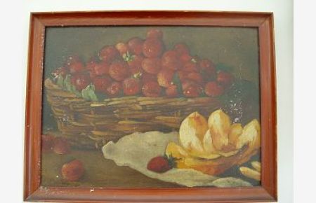Stilleben Früchte in Weidekorb Gemälde Ölfarbendruck um 1920