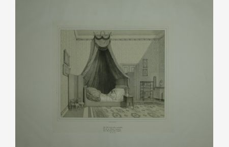 Zimmer mit Königin Karoline auf dem Totenbett. Getönte Lithographie auch Chinapapier, Unterrand mit Sinnspruch.