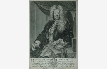 Portrait. Halbfigur en face, sitzend, den rechten Arm am Tisch auf einem Buch aufgestützt. Kupferstich von J. A. Delsenbach. Unterrand mit Beschriftung.