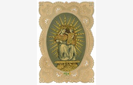 Zum Andenken an Maria Ettal. Die Mater Amabilis auf dem Sockel, im Oval eingeklebt in Umrahmung aus mehrfach gebogter, geprägter Spitze, verso Inschrift und Gebetstext.