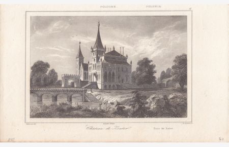 Chateau de Zator, schöner Stahlstich um 1840 von Lemaitre, Blattgröße: 12, 5 x 20, 5 cm, reine Bildgröße: 11 x 15 cm.