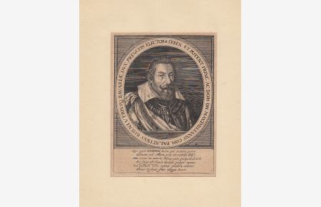 Porträt. Brustbild im Oval, daunter lat. Widmungszeilen. Kupferstich bei merian, rückseitig mit Text, 17, 5 x 13 cm, um 1650.