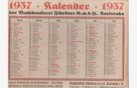 Kalender (Wandkalender zum Aufhängen) 1937 der Buchdruckerei Fidelitas GmbH, Karlsruhe