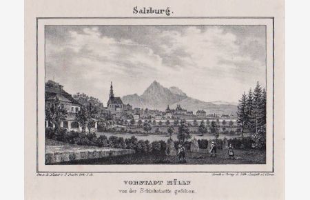 Vorstadt Mülln von der Schießstaette gesehen (Salzburg). Orig. Lithographie von Stießberger nach G. Pezolt.