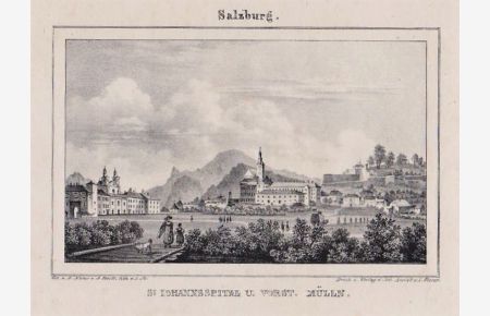 St. Iohannsspital u. Vorst. Mülln in Salzburg (Landeskrankenhaus). Orig. Lithographie von J. Stießberger nach G. Pezolt.