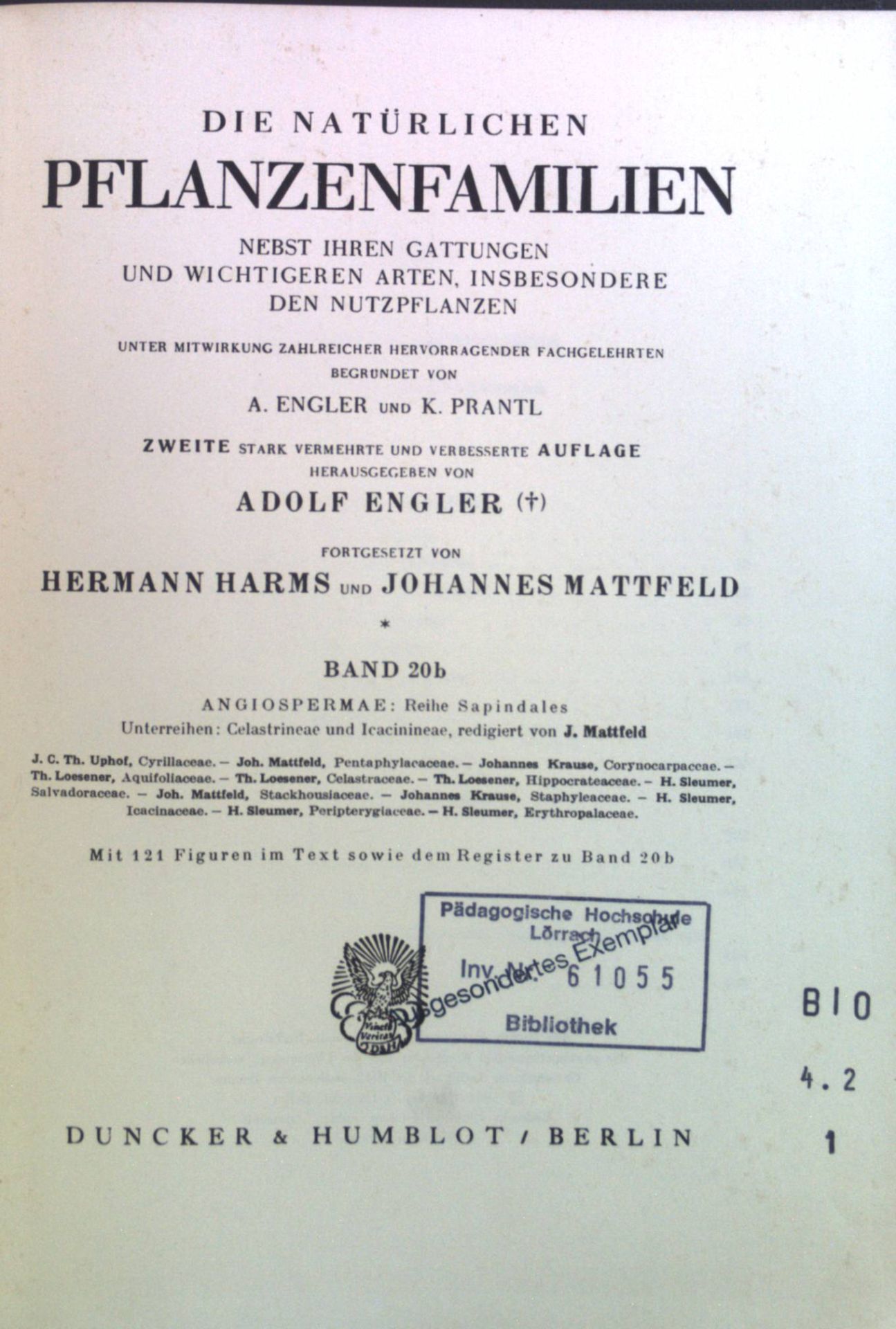 Die natürlichen Pflanzenfamilien nebst ihren Gattungen und wichtigsten Arten, insbesondere den Nutzpflanzen. Bd. 20b. - Engler, Adolf, Hermann Harms Johannes Mattfeld u. a.