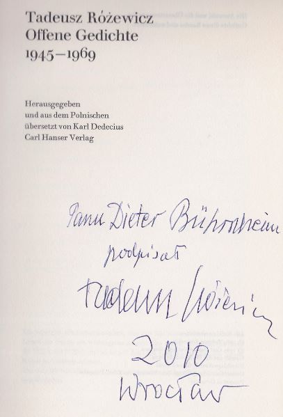 Offene Gedichte 1945-1969. Herausgegeben und aus dem Polnischen übersetzt von Karl Dedecius - Widmungsexemplar - Tadeusz Rózewicz - Rózewicz, Tadeusz.