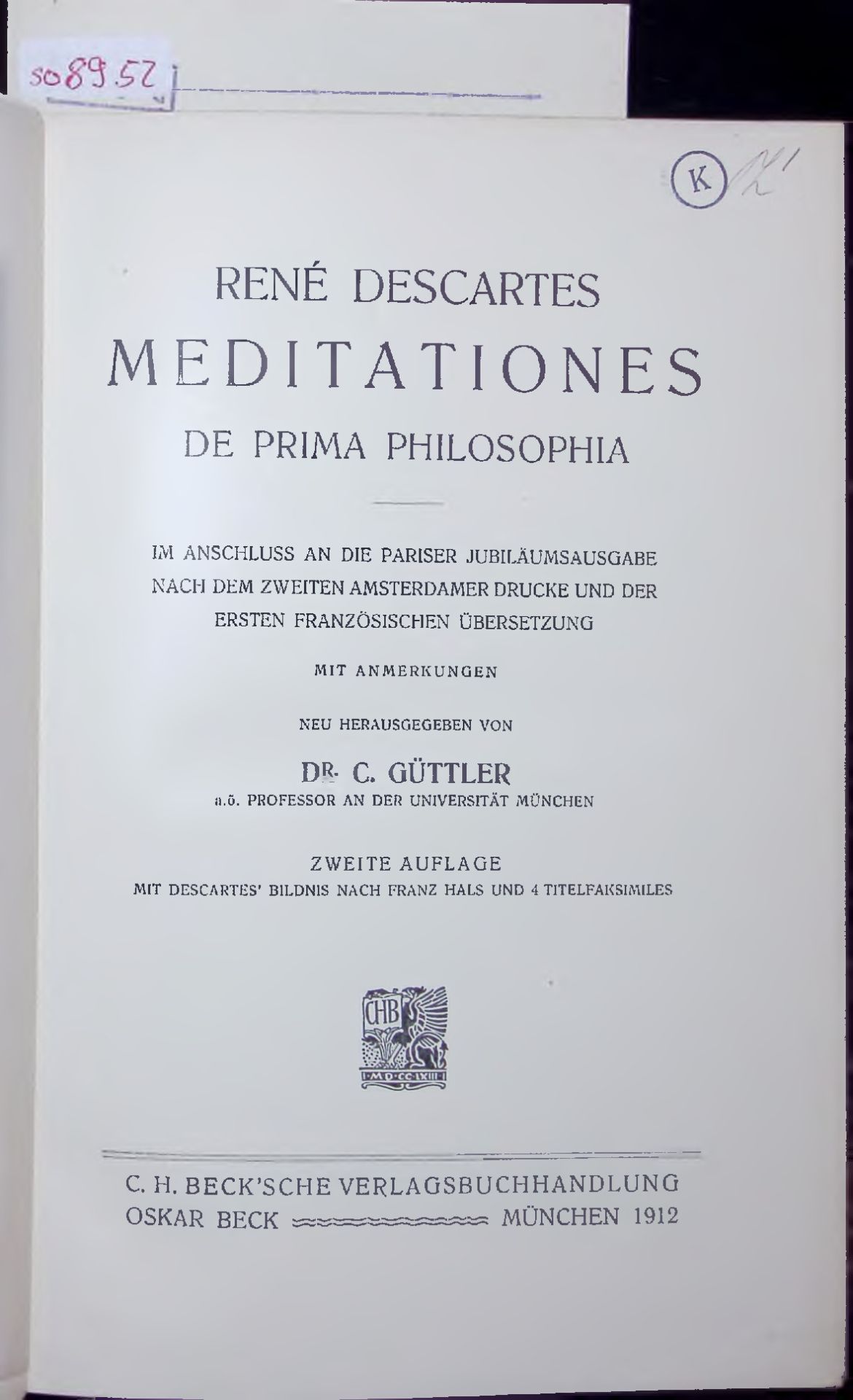 MEDITATIONES. DE PRIMA PHILOSOPHIA - DESCARTES, RENÉ