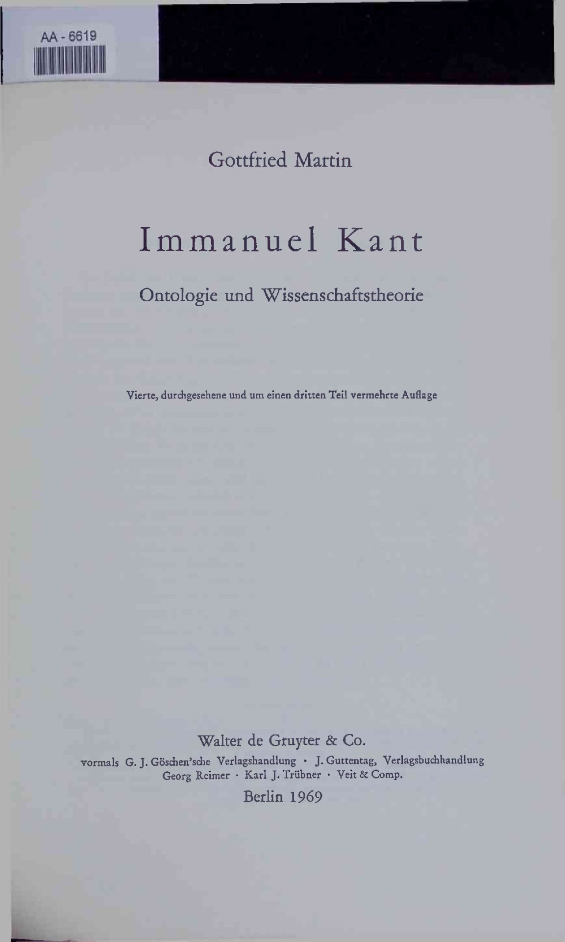 Immanuel Kant. Ontologie und Wissenschaftstheorie. - Martin, Gottfried