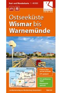 Rad- und Wanderkarte Ostseeküste Wismar bis Warnemünde 1 : 40 000  - GPS geeignet, Erlebnis-Tipps auf der Rückseite