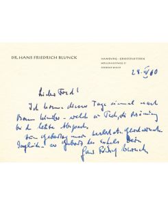 Schriftsteller (1888-1961): Eigenh. Briefkarte. Hamburg-Grossflottbek, 28. IV. 1960. Quer-Kl. -8°. 1 S.