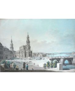 Dresden von der Brühlschen Terrasse.   - Altkolorierte Umrissradierung von Gotthold Theodor Thieme (1823 Görlitz - 1901 Plauen) bei Henry Rittner, Dresden.