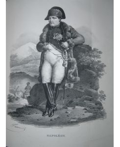 Portrait. Napoleon als General in ganzer Figur vor Landschaft. Große Lithographie von G. Frey nach Fauconnier.