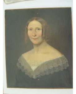 Elegante Dame mit Schillerlocken. Kleid mit schönem Spitzenkragen Ölgemälde Leinwand um 1800
