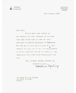 Kipling, Caroline (geb. Balastier, seit 1892 Frau von Rudyard Kipling, britischer Schriftsteller, 1865-1936, Literaturnobelpreis 1907): Masch. Brief mit eigenh. U.