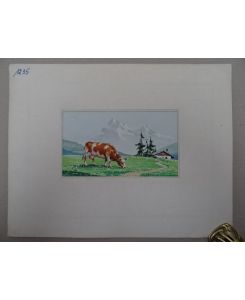 Grasende Kuh auf Almwiese. Gouache, um 1955. 10, 5 x 17, 5 cm.