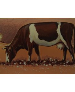 Grasende Kuh bei Sonnenaufgang. Gouache, um 1955. 9, 5 x 17, 5 cm.