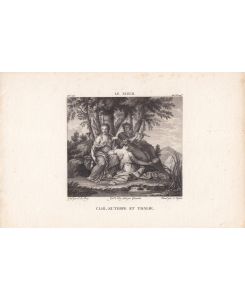 Clio, Eurerpe et Thalie, Kupferstich um 1820 mit drei musizierenden Damen unter einem Baum, Blattgröße: 17 x 26 cm, reine Bildgröße: 12, 5 x 12 cm.