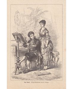 Das Duett, Holzstich um 1880 mit musizierendem Paar, Blattgröße: 21, 8 x 14, 5 cm, reine Bildgröße: 19, 2 x 12, 5 cm.