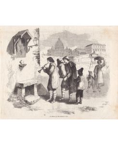 Die Pifferari zur Weinhnachtszeit in Rom, schöner Holzstich um 1857 mit drei musizierenden Hirten die vor einem Marienbild musizieren, Blattgröße: 22, 7 x 26, 5 cm, reine Bildgröße: 20, 5 x 23, 5 cm.