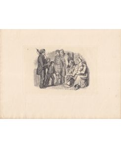Dudelsackspieler, schöner Kupferstich um 1840 von W. Geikie, Blattgröße: 21 x 28 cm, reine Bildgröße: 11, 3 x 17, 5 cm.
