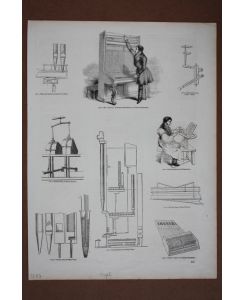 Orgelbau, großformatiger Holzstich um 1850 als Sammelblatt mit 9 Einzelabbildungen, Blattgröße: 35 x 25, 5 cm, reine Bildgröße: 30 x 23 cm.