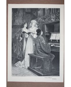 Präludium, Kirchenorgel, großformatiger Holzstich 1898 nach Jaques Wagrez, zwei Sänger und Orgelspieler in mittelalterlicher Kleidung beim Musizieren, Blattgröße: 35, 5 x 25, 5 cm, reine Bildgröße: 32, 5 x 22 cm.