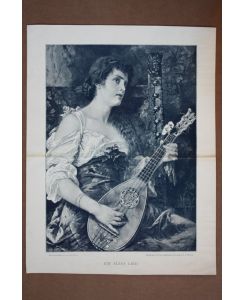 Ein altes Lied, Laute, Holzstich um 1895 nach dem Gemälde von Conrad Kiesel, Blattgröße: 39, 5 x 30 cm, reine Bildgröße: 35 x 24 cm.