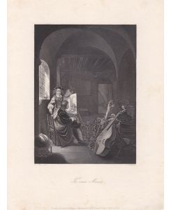 Fr. van Mieris, Cello, Stahlstich um 1850 von A. H. Payne nach Fr. v. Mieris, Blattgröße: 26, 5 x 12, 8 cm, reine Bildgröße: 20 x 13 cm.
