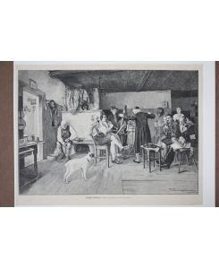 Ländliche Musikprobe, schöner Holzstich um 1870 mit Blick in eine bürgerliche Kammer nach dem Gemälde von R. Engelhorn, Blattgröße: 25 x 33, 5 cm, reine Bildgröße: 23 x 32 cm.