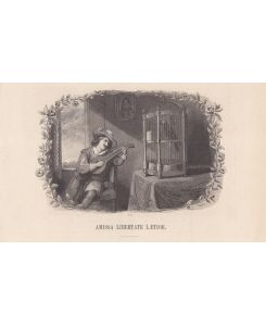 Laute, Amissa Libertate Laetior, Holzstich um 1860 mit Lautespieler und Papagei, Blattgröße: 16 x 26, 5 cm, reine Bildgröße: 14 x 19 cm.